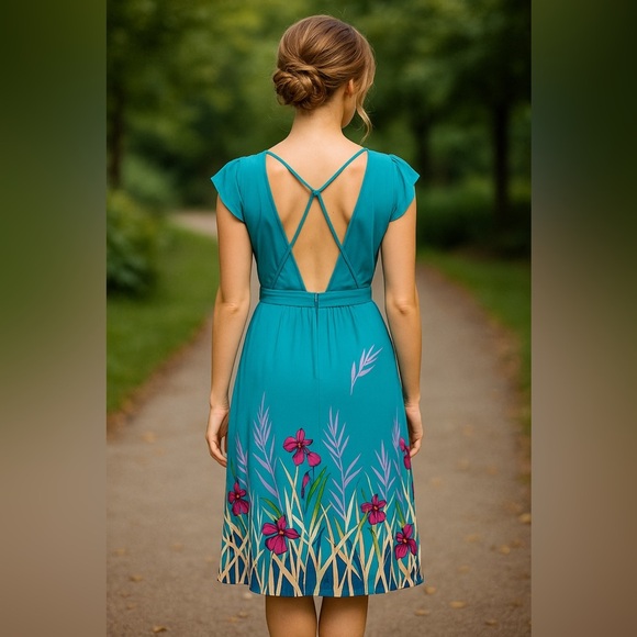 Vintage Turquoise Bird Iris Strapy Back Sheath Midi Dress Cap Sleeve Size Small - Picture 4 of 13